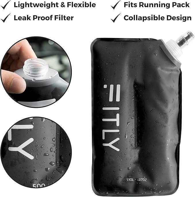 FITLY Soft Flask - Shrink As You Drink Soft Water Bottle for Hydration Pack - Folding Water Bottle Ideal for Running, Hiking, Cycling, Climbing & Rigorous Activity