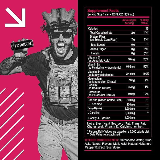 Echelon Pre-Workout Energy Drink | Berry Habanero | 12 Pack | Sustained Energy, Focus and Endurance Dietary Supplement | 300mg of Caffeine | Beta-Alanine, L-Theanine & Fiber | Vegan