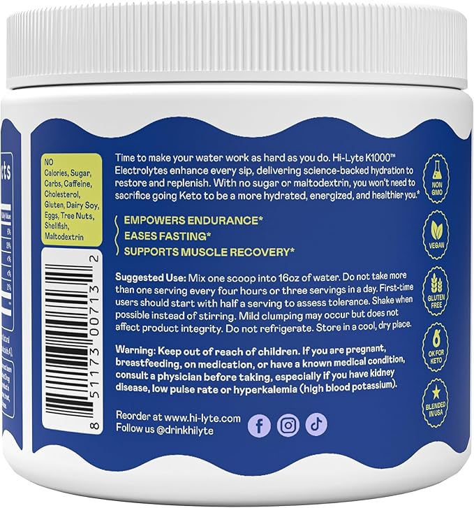 Hi-Lyte K1000 Electrolytes Powder Blue Raspberry Keto & Performance, 50 Servings - 1000mg Potassium + Magnesium, Sodium, Trace Minerals - 0 Carbs, 0 Sugar