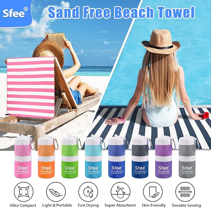 Sfee 2 in 1 Microfiber Oversized Beach Towel, Quick Dry Towel Travel Camping Towel Super Absorbent Compact Lightweight Sports Gym Towels for Beach,Gym, Hiking, Pool, Backpacking, Bath, Yoga