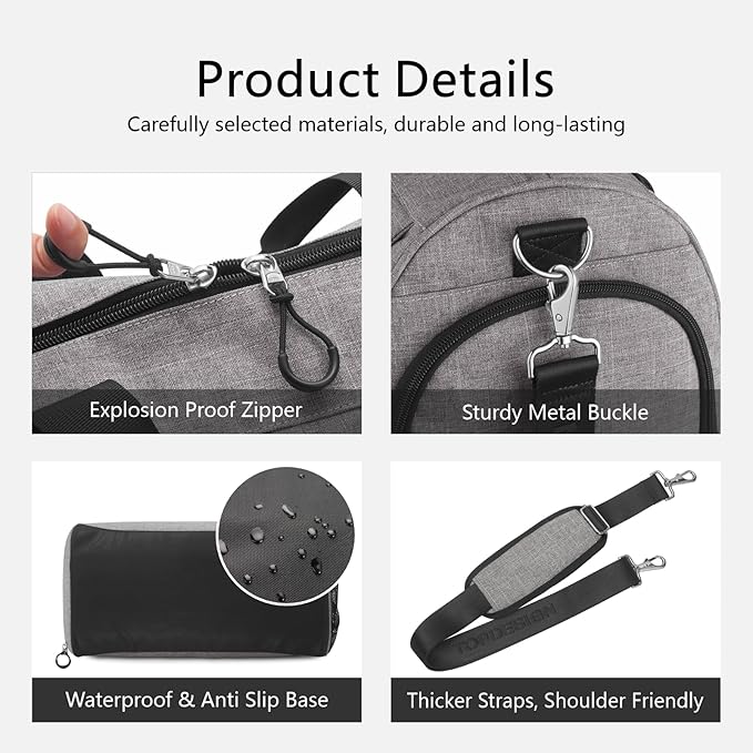 TOPDesign Gym Bag for Women & Men, Unisex Duffel Bag with Shoe Compartment & Wet Pocket for Travel Sports Gym (L Textured Grey)