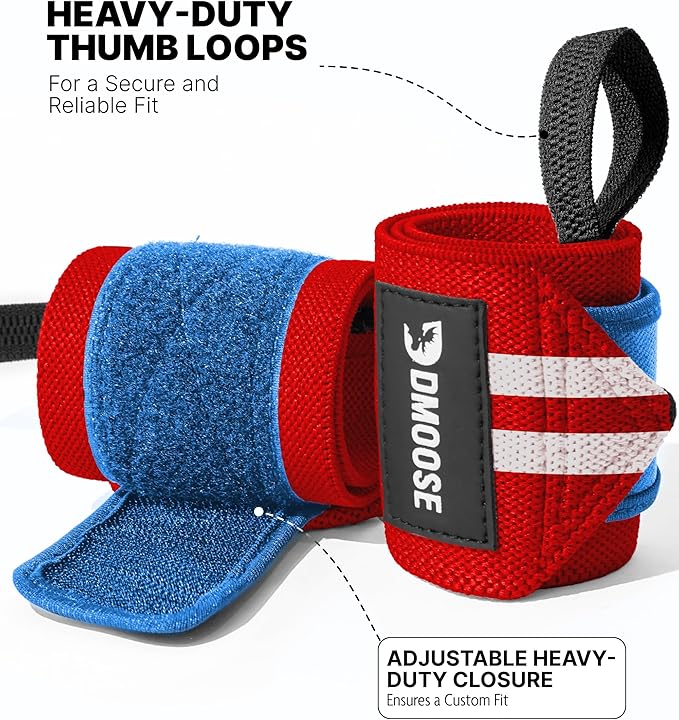 DMoose Fitness Wrist Wraps for Weightlifting 18" - Heavy Duty Gym Wrap with Hand Thumb Loop for Support & Pain Relief, USPA Approved Powerlifting, Weight Lifting Wrist Straps for Men & Women Work Out