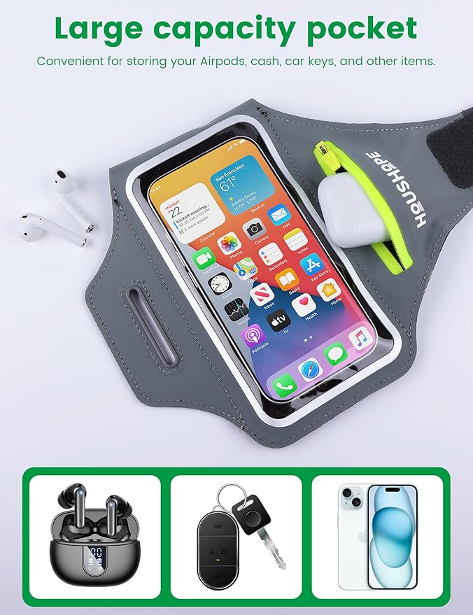 Running Armband with Cell Phone Armband for iPhone 17 16 Pro 15 14 13 Plus XR XS, Galaxy S24/S10 Water Resistant Sports Phone Holder Case & Card Slot & Key Pockets for 6.7" Phone