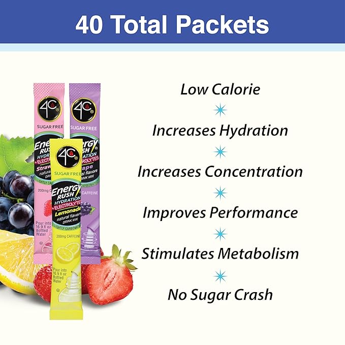 4C Energy Rush PSD with Electrolytes Variety Pack Stix, 40 ct (14 Lemonade, 12 Strawberry/14 Grape)