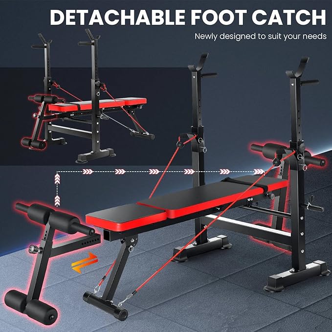 OPPSDECOR 6 in 1 Adjustable Weight Bench with Squat Rack and Removable Foot Bracket, 600lbs Bench Press Set Workout Bench with Weight Storage Sit up Incline Flat Decline Strength Training for Home Gym