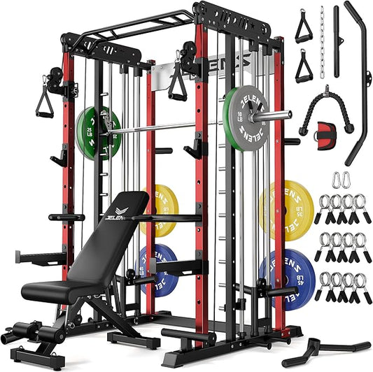Smith Machine for Home Gym, Multi-Function M12 Power Cage with Cable Crossover System, Squat Rack with Smith Bar and More Attachment