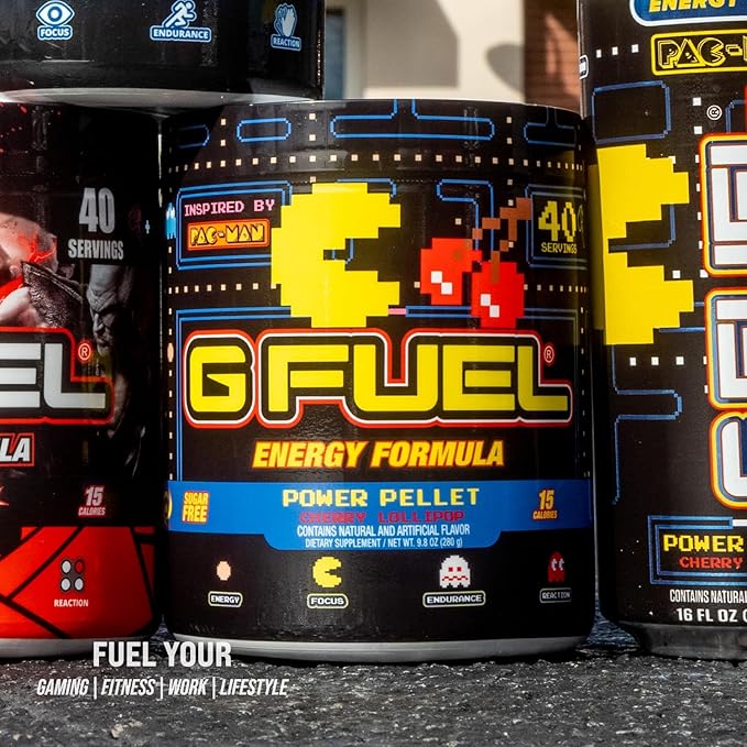 G Fuel Pac-Man Energy Drink Powder, Pre Workout Caffeine Mix for Gaming, Sugar Free Focus Amino, Vitamin + Antioxidants, 9.8oz (Cherry Lollipop, 40 Servings)