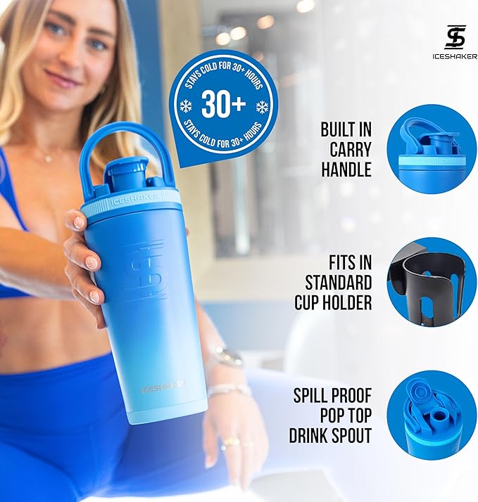 Ice Shaker Insulated Stainless Steel Shaker Bottle | 26oz, Blue Color Rush | Cold for 24+ Hours | Insulated Cup with Twist-on Agitator | Odor-Free Bottle for Shakes, Water, Smoothies, Cocktails