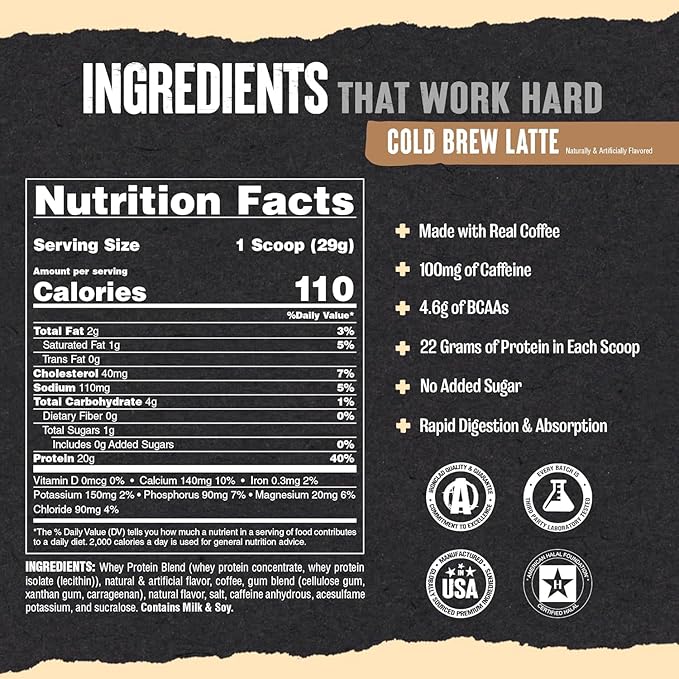 Animal 100% Whey Protein Powder Sampler Pack & Shaker Bottle – Real Instant Iced Coffee Whey + 20g of Protein, 120mg of Caffeine Meal Replacement with BCAA – Cold Brew Latte, 3 Single-Serving Packets