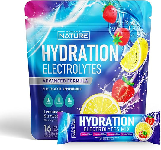 Electrolytes Powder Hydration Packets – Recovery Drink Mix with Sodium, Potassium, Magnesium, Calcium, Vitamin C & Zinc – Sugar Free, Keto, Non GMO & Vegan – Strawberry Lemonade – 16 Sticks