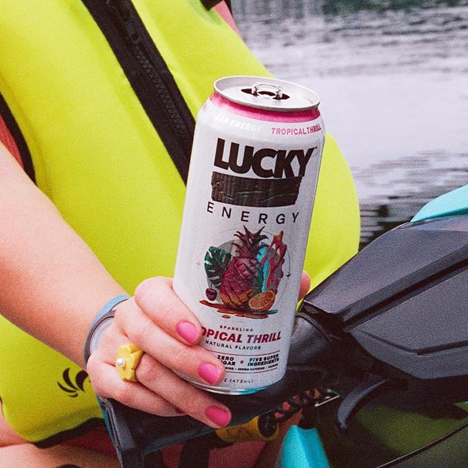 Lucky Energy Sugar Free Energy Drinks 16 Fl Oz Cans (12-Pack) Healthy Energy Drink. Tropical Thrill with Maca, Ginseng, Taurine, Beta-Alanine, 200mg Caffeine
