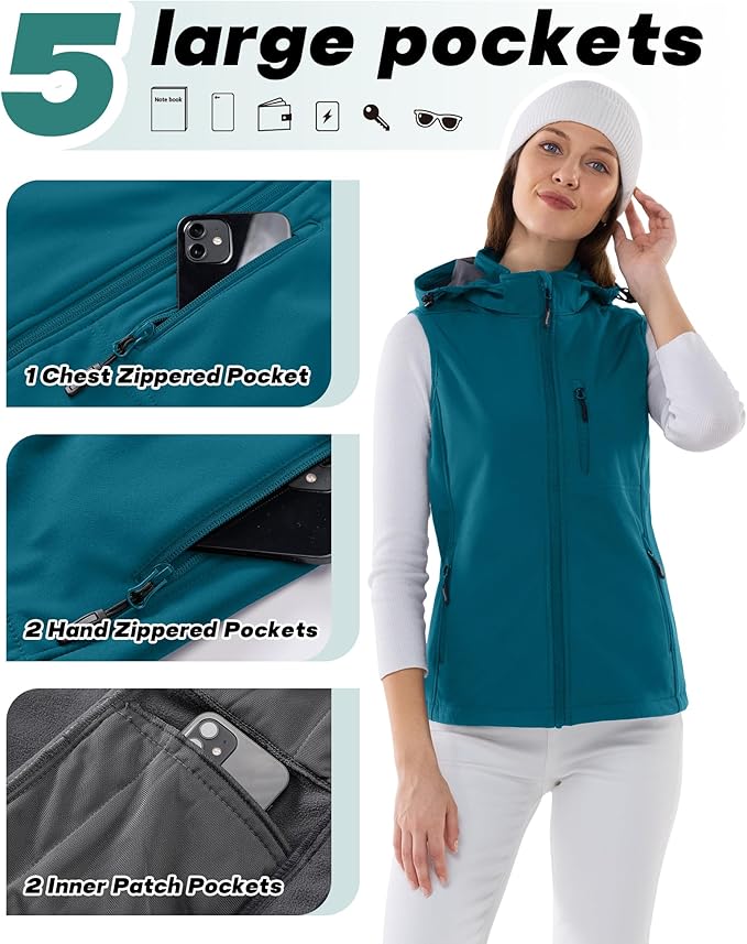 Outdoor Ventures Women's Hooded Lightweight Softshell Vest, Windproof Fleece Lined Sleeveless Jacket for Golf Running Travel