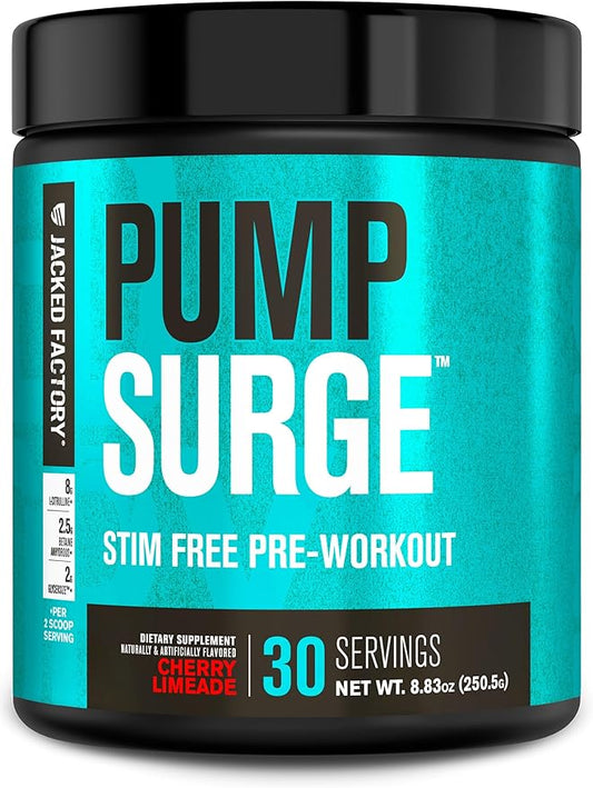 Jacked Factory Pumpsurge Caffeine Free Pre Workout for Men & Women - Nootropic Booster & Stim Free Pre Workout - Intense Pumps, Enhanced Focus - 30 Servings, Cherry Limeade