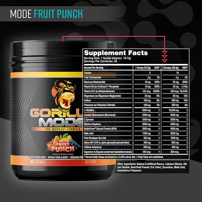 Gorilla Mind Pre Workout - Massive Pumps Laser Focus Energy Power - L-Citrulline, Creatine, L-Tyrosine, Betaine, Hydroprime, Alpha-GPC, 400mg Caffeine, Huperzine A - 816g (Fruit Punch)