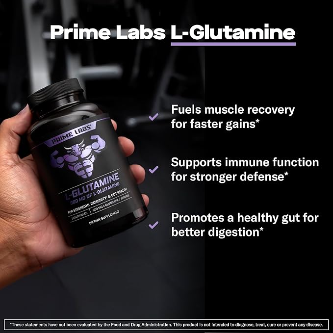 Prime Labs L Glutamine Capsules 600mg - Supports Strength, Muscle Recovery, Immunity, & Gut Health - Amino Acid Supplement - for Men & Women