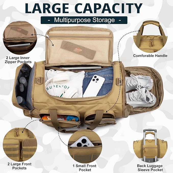 Tactical Gym Bag for Men,70L Large 3 in 1 Sports Duffle Bag with Shoes Compartment for Travel,Water Resistant Travel Backpack Weekender Overnight Bag with Wet Pocket for Women