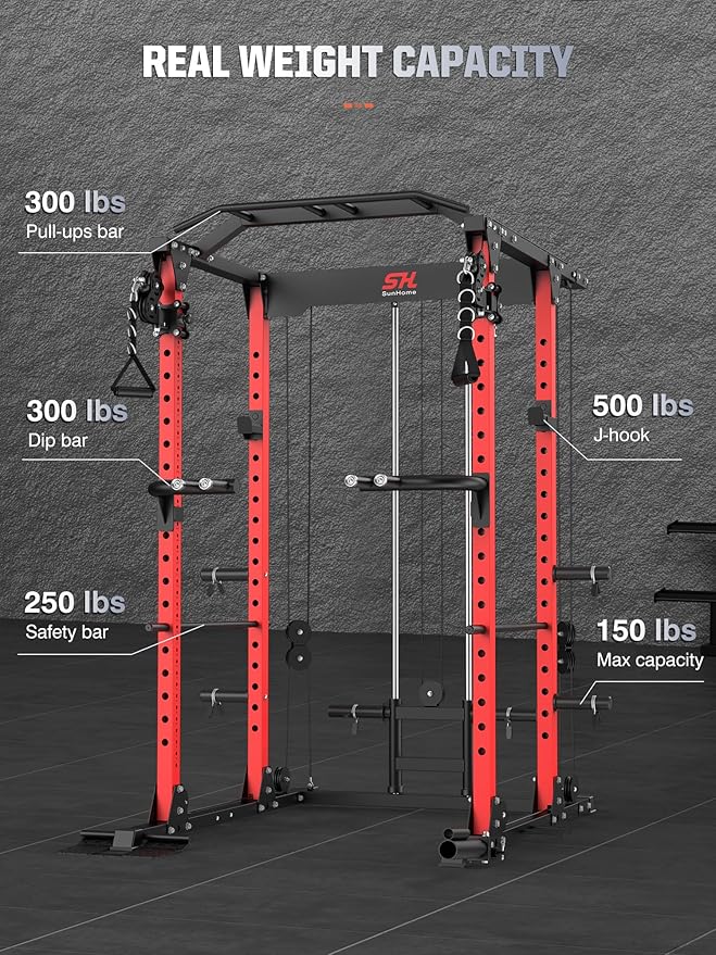 SunHome Power Cage Squat Rack, Multi-Functional Power Rack with Adjustable Cable Crossover System, J-Hooks, Dip Handles, Weight Plate Storage
