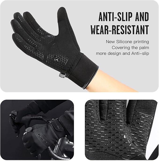 FOXLVDA 10℉ Men's Winter Gloves - Windproof Waterproof Thermal, Non-Slip Palm Grip Touchscreen Compatible with Warm Lining for Cold-Weather Cycling, Driving, Hiking, Running, Golf, Ski