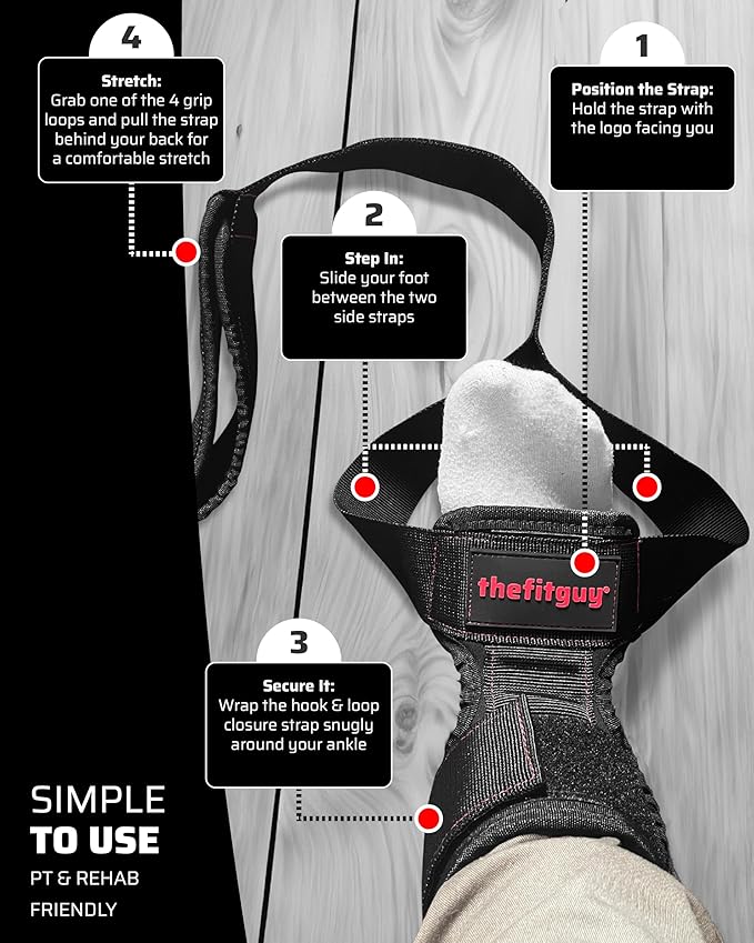 Quad Stretch Strap with Ankle Support – Physical Therapy Band for Legs, Non-Elastic 4-Loop Rehab Strap for Quads & Hip Flexors, Mobility & Recovery