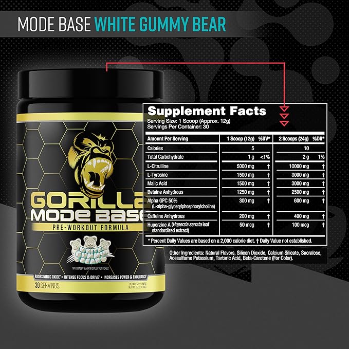 Gorilla Mind Base Pre Workout - Raises Nitric Oxide Intense Focus & Drive Endurance Power - L-Citrulline, L-Tyrosine, Betaine, Alpha-GPC, Caffeine, Huperzine A - 360 Grams (White Gummy Bear)