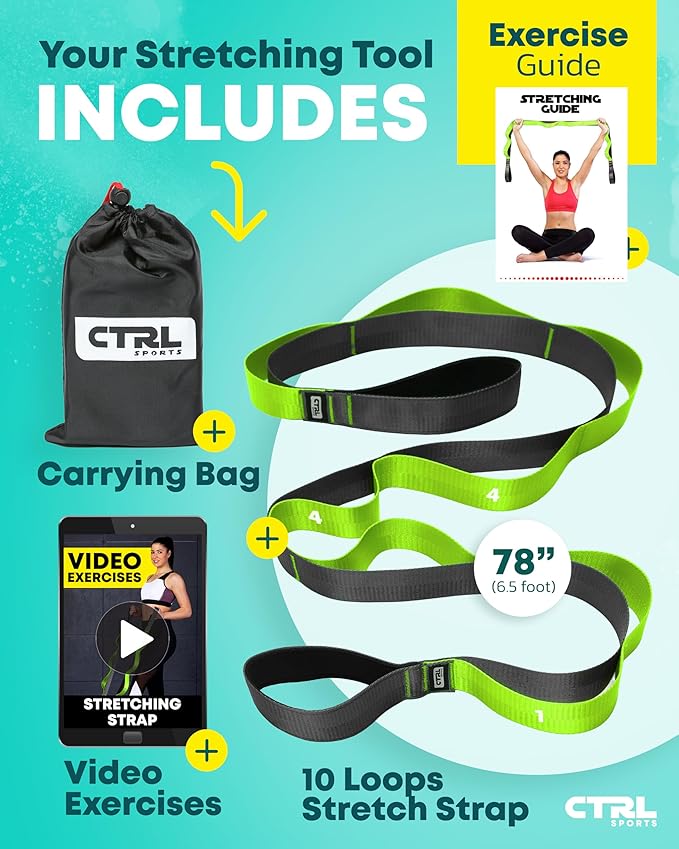 Stretching Strap with Loops - Non Elastic Stretch Band for Physical Therapy, Yoga Strap for Stretching Equipment, Stretch Bands for Exercise and Flexibility - Fascia, Hamstring & Leg Stretcher Belt