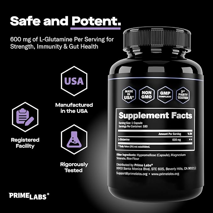 Prime Labs L Glutamine Capsules 600mg - Supports Strength, Muscle Recovery, Immunity, & Gut Health - Amino Acid Supplement - for Men & Women
