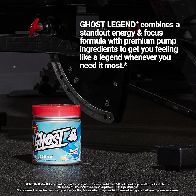 GHOST Legend Pre-Workout Powder, Sonic Ocean Water - 30 Servings – Pre-Workout for Men & Women with Choline, L-Citrulline, & Beta Alanine for Energy & Focus