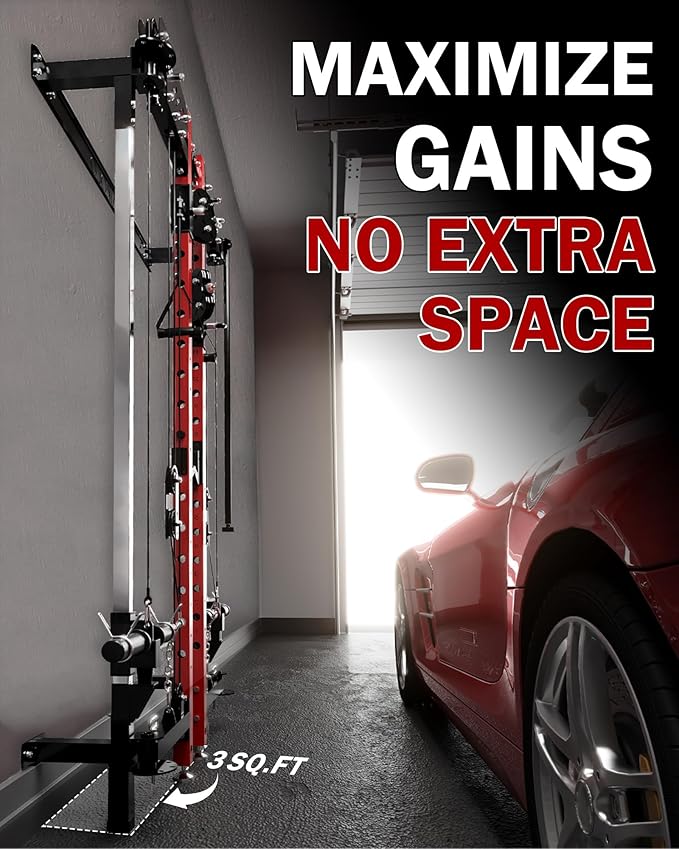 Mikolo Folding Squat Rack, Wall Mounted Power Rack with Cable Crossover Machine & LAT Pull Down, Functional Trainer with 5 Adjustable Function Modes, for Home Gym and Space Saving