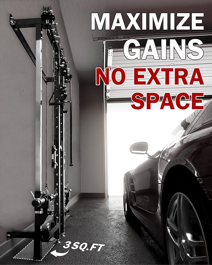 Mikolo Folding Squat Rack, Wall Mounted Power Rack with Cable Crossover Machine & LAT Pull Down, Functional Trainer with 5 Adjustable Function Modes, for Home Gym and Space Saving