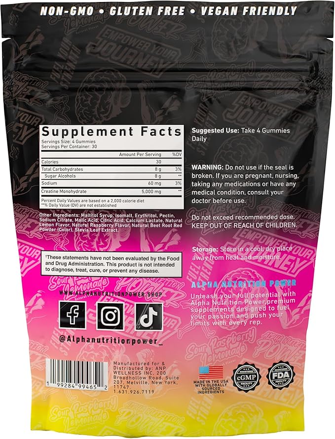 Creatine Monohydrate Gummies 5g - Sour Raspberry Lemonade Flavored Creatine for Men and Women - Supplement Supports Muscle Growth, Energy, Pre and Post Workout, Focus & Cognition, Recovery (120 Count)