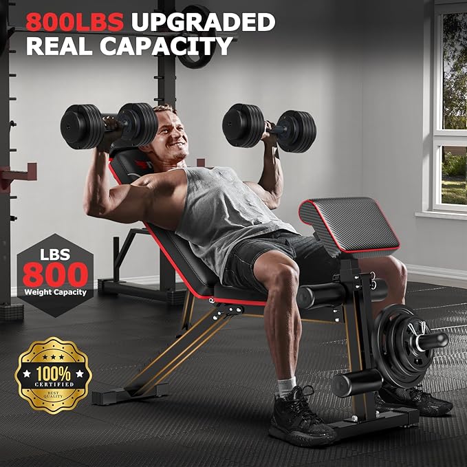Fostoy Foldable Workout Bench Press, Adjustable Weight Bench for Home Gym, 800LB Multi Functional Gym Bench w/Leg Extension &Preacher Pad, Extra Headrest, Fast Folding Strength Training Incline Sit up Bench