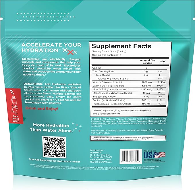 Electrolyte Powder Sugar-Free Hydration Packets Tropical Punch HydroMATE 16 Sticks