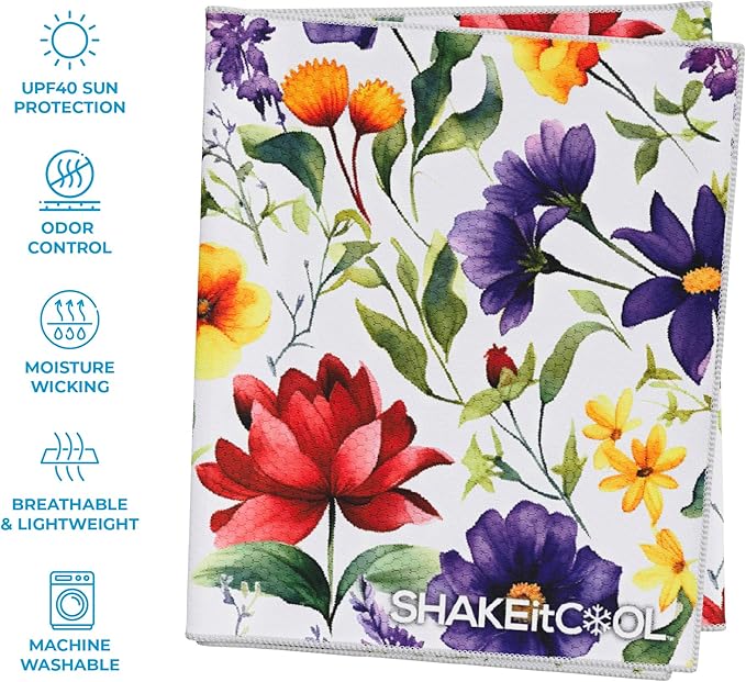 SHAKEitCOOL Extended Size Cooling Towel โ Be Cool in Style - Heat Relief, Soft, Lightweight, Sun Protection, Easy Clean - Perfect for Biking, Hiking, Running, Yoga, Golf, Gardening - Summer Flower M