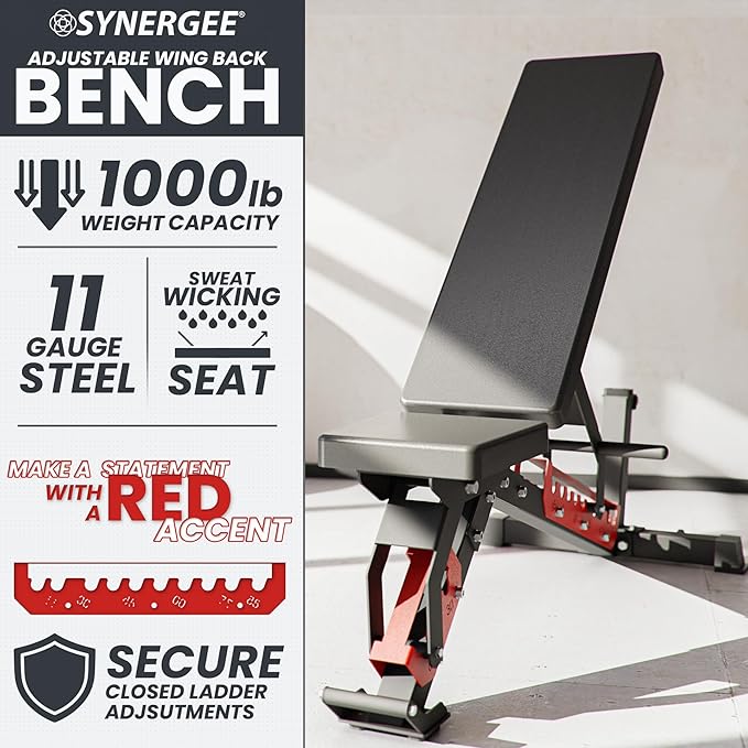 Synergee Adjustable Wing Back Workout Bench. Weight Bench for Dumbbell & Barbell Press Exercises & Workouts. Great for Commercial, Garage and Home Gym.