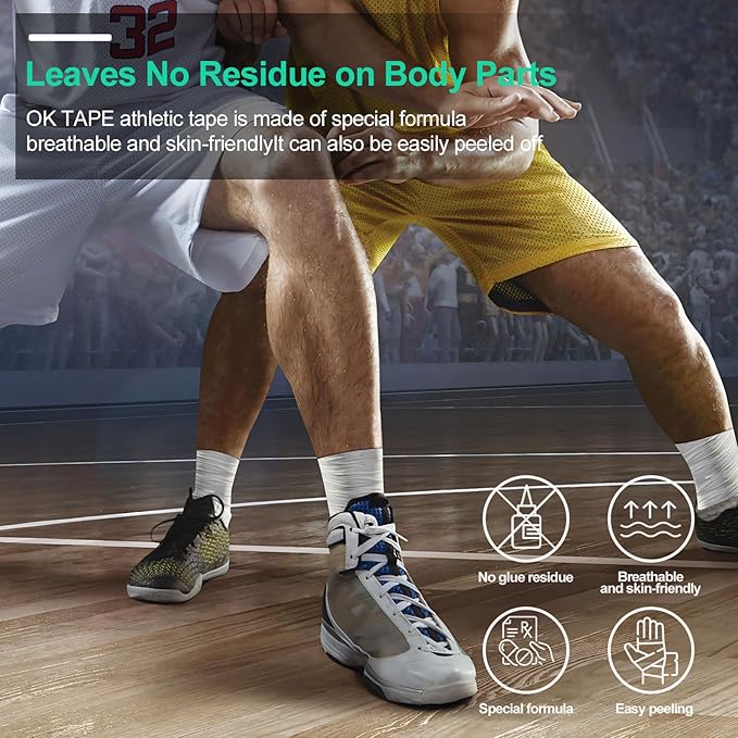 OK TAPE Athletic Sports Tape(12-Rolls) -45ft Per Roll Very Strong Tape for Athlete & Sport Trainers & First Aid Injury Wrap, Perfect for Fingers Ankles Wrist on Bat, Hockey Stick - White