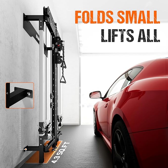 WM3-V4 Folding Squat Rack, Wall Mounted Power Rack with Dual Independent Pulley System, Functional Trainer with 5 Adjustable Function Modes for Space Saving