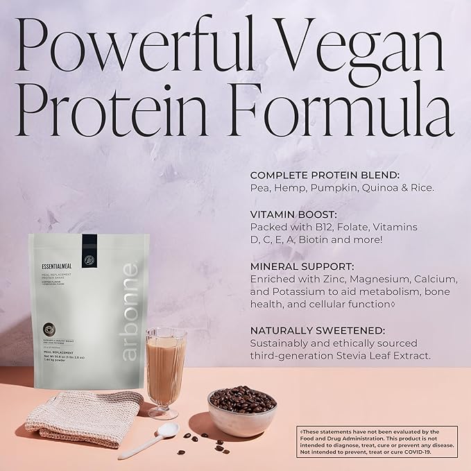 Arbonne EssentialMeal Meal Replacement Shake - Protein Shake, Vegan Protein Powder, Complete Daily Nutrition, Coffee