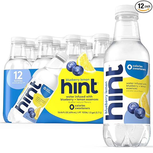 Hint Water Blueberry Lemon, Pure Water Infused with Blueberries & Lemons, Zero Sugar, Zero Calories, Zero Sweeteners, Zero Preservatives, Zero Artificial Flavors, 16 Fl Oz (Pack of 12)