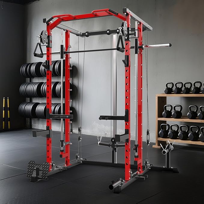 GarveeLife Power Cage, Smith Machine Squat Rack, Heavy Duty Power Rack for Home Gym with Pulley System, Dip Bar, LAT Pulldown, Multifunctional Squat Rack for Home Gym