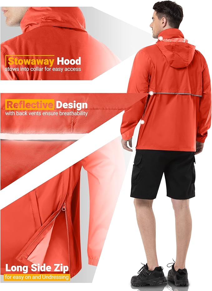 Outdoor Ventures Men's Rain Jacket Waterproof Lightweight Packable Rain Pullover for Hiking Golf Running