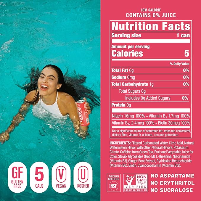 GORGIE Sugar Free Natural Energy Drinks, Sparkling Watermelon Crush (12 Pack) - Healthy Energy Drink - Natural Coffee Replacement with Green Tea Caffeine and Biotin, 150mg Caffeine, Vegan, Low Calorie