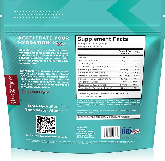 Electrolyte Powder Sugar-Free Hydration Packets Black Cherry HydroMATE 16 Sticks