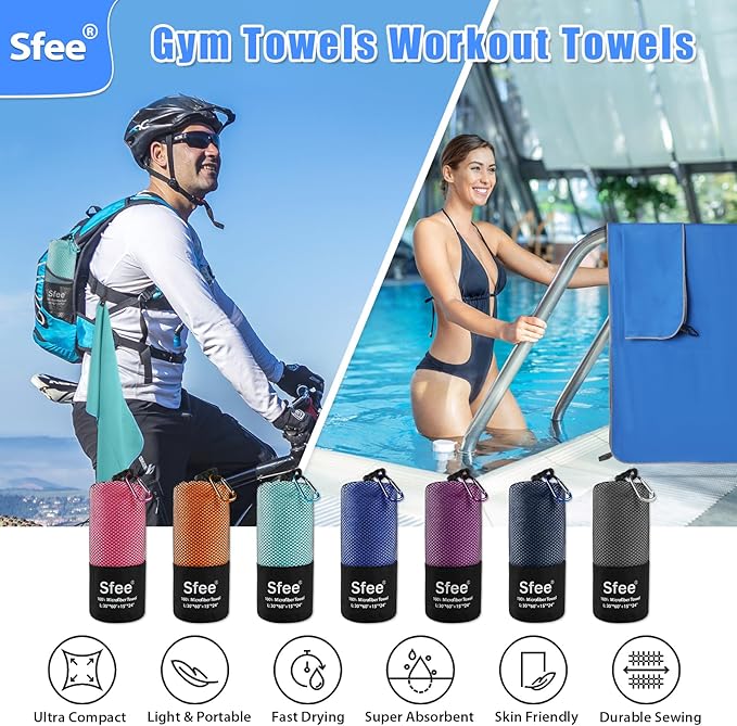 Sfee 2 Pack Microfiber Travel Towel, Quick Dry Towel Camping Beach Towel Super Absorbent Compact Lightweight Sports Gym Towels Set for Beach, Gym, Hiking, Pool, Backpacking, Bath, Yoga