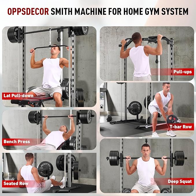 OPPSDECOR Power Cage Power Rack with LAT Pull Down Pulley System& Cable Row, Weight Cage with More Training Attachments, Multi-Functional Squat Rack for Home Gym System