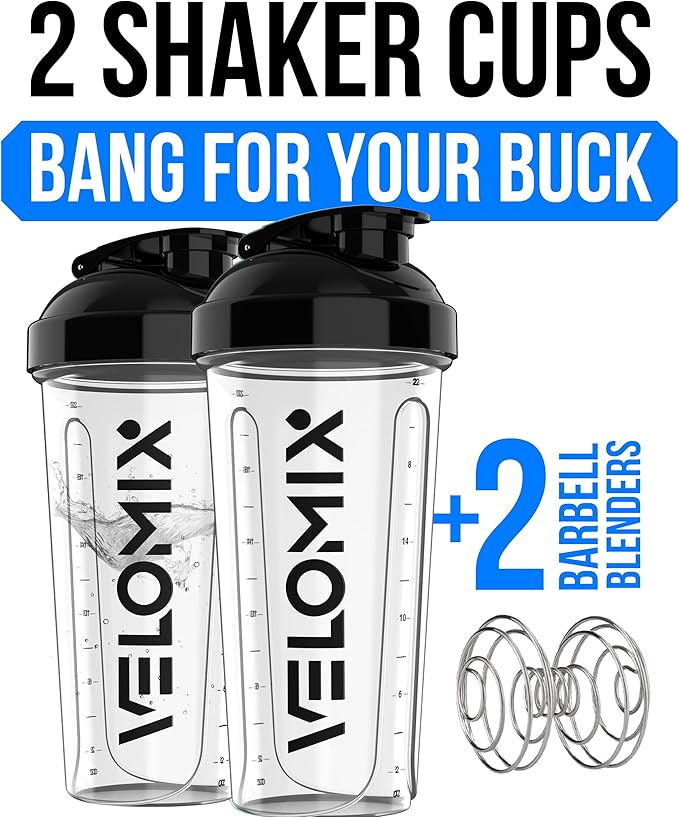 VELOMIX -2 Pack- 28 oz Protein Shaker Bottles for Protein Mixes - 2x Wire Whisk | Leak Proof Shaker Cups for Protein Shakes | Protein Shaker Bottle Pack | Shakers for Protein Shakes - 2xTransparent