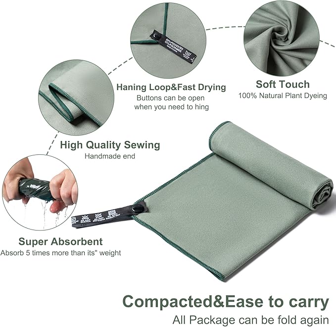 Camping Towel,2 Pack Microfiber Travel Sports Towel,Quick Dry-Super Absorbent-Ultra Compact-Ultra Soft- Lightweight.Suitable for Gym,Yoga,Trip,Beach, Shower, Backpacking,Pool(Army Green)