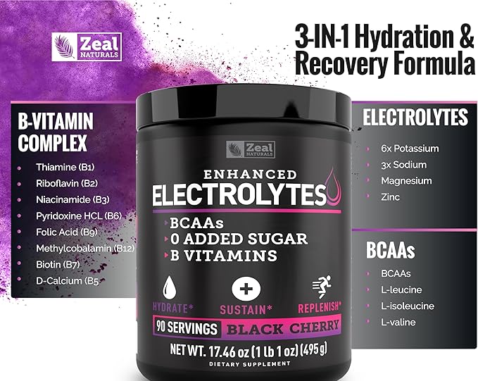 Zeal Naturals Electrolyte Powder Recovery Drink (90 Servings | Black Cherry) w 0 Sugar +BCAAs +B-Vitamins Electrolyte Supplement w Potassium Zinc & Magnesium for Hydration - Keto Electrolytes