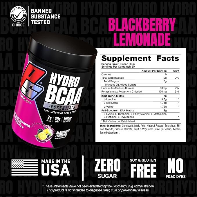 PROSUPPS HydroBCAA Essential Amino Acids Powder, BlackBerry Lemonade - Workout Supplement with BCAA, EAAs & Electrolytes for Hydration & Recovery - Stimulant-Free, Soy & Gluten-Free - 30 Servings