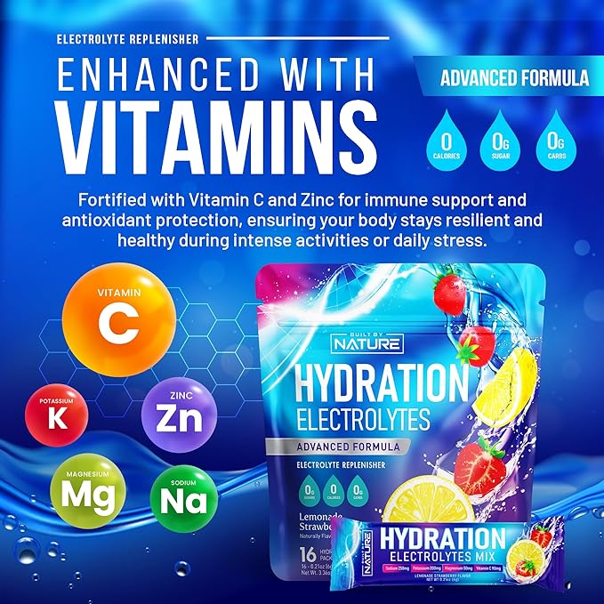 Electrolytes Powder Hydration Packets – Recovery Drink Mix with Sodium, Potassium, Magnesium, Calcium, Vitamin C & Zinc – Sugar Free, Keto, Non GMO & Vegan – Strawberry Lemonade – 16 Sticks