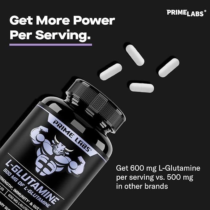 Prime Labs L Glutamine Capsules 600mg - Supports Strength, Muscle Recovery, Immunity, & Gut Health - Amino Acid Supplement - for Men & Women